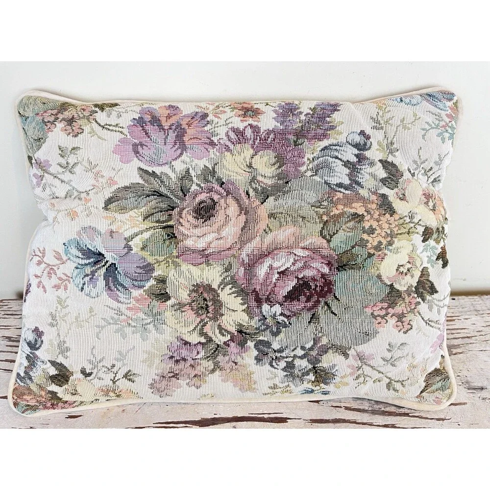 Vintage Charming Floral Tapestry Throw Pillow / Pastel Bouquet / Velvet Back 15”